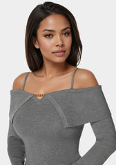 Off Shoulder Fold Over Chain Detail Sweater