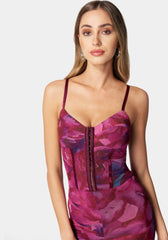 Printed Sleeveless Mesh Corset Jumpsuit