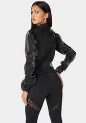 Ruched Organza Sleeve Vegan Leather Moto Jacket