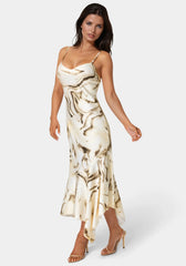 Printed Satin V-Neck Hanky Dress