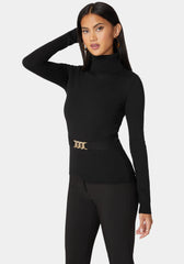 Fitted Turtle Neck Ornate Belt Sweater