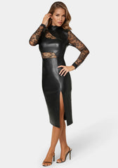 Faux Leather Lace Illusion Midi Dress