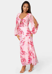 Printed Chiffon Tie Front Maxi Dress