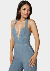 Embellished Wide Leg Halter Denim Jumpsuit