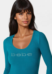 Bebe Logo Long Sleeve Scoop Neck Single Stone Rib Top