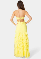 Strapless Cascade Ruffle Chiffon Maxi Dress