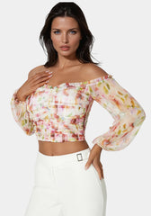 Printed Chiffon Cold Shoulder Ruched Top