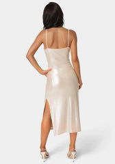 Foil Metallic Slinky Cowl Maxi Dress