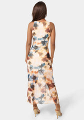 Printed Powermesh Side Shirred Maxi Dress