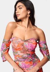 Printed Off Shoulder Mesh Gown