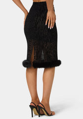 Animal Mesh Faux Fur Trim Midi Skirt