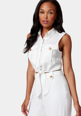 Linen Blend Front Tie Blouse