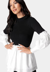 Poplin Combo Mock Neck Sweater