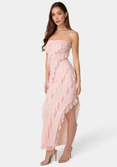 Strapless Mesh Ruffle Maxi Dress