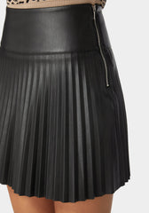 Pleated Vegan Leather Mini Skirt Exposed Side Zipper