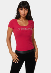 Bebe Logo Short Sleeve Round Neck Rib Top