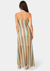 Crochet Stripe Halter A-Line Maxi Dress