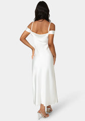 Drape Shoulder High Slit Satin Maxi Dress