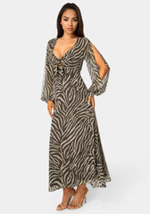 Printed Chiffon Tie Front Maxi Dress