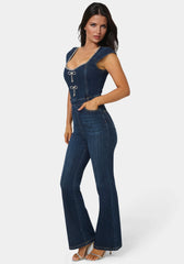 Embellished Neckline Flared Leg Denim Jumpsuit
