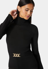 Fitted Turtle Neck Ornate Belt Sweater