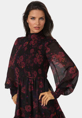 Long Sleeve Mock Neck Chifon Smocked Mini Dress
