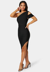 Asymmetrical High Slit Bandage Midi Dress