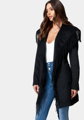 Fringe Detail Tie Waist Wrap Coat