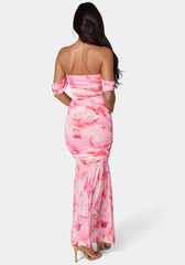 Off Shoulder Ruched Mesh Gown