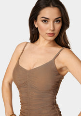 Ruched Mesh Midi Dress