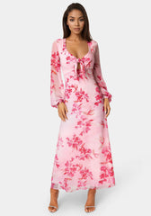 Printed Chiffon Tie Front Maxi Dress