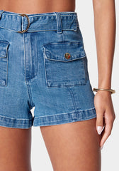 High Waist Patch Pockets Detail Denim Short