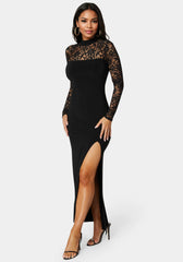 Mock Neck Lace Bodice Maxi Dress