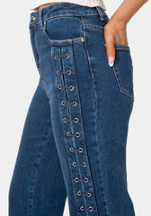 High Waist Eyelet Lace Up Wide Leg Jean