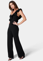 One Shoulder Ruffle Crepe Jumpsuit