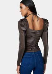 Puff Sleeve Coated Ruched Top