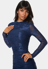 Jacquard Mesh Long Sleeve Shirred Dress