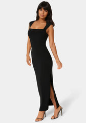 Square Neck High Slit Midi Dress