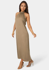 Crushed Satin Mock Neck Maxi Dress