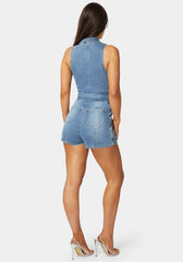 Light Weight Front Zipper Denim Romper