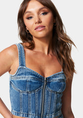 Multi Seam Zip Front Denim Bustier