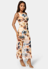 Printed Powermesh Side Shirred Maxi Dress