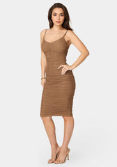 Ruched Mesh Midi Dress