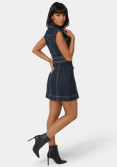 Button Front Braided Waist Denim Dress