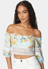 Off Shoulder Crochet Lace Detail Linen Top