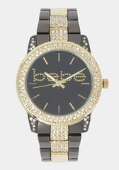 Gun Metal Smooth Dial Crystal Bezel Watch