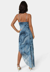 Printed Chiffon Cowl Asymmetrical Maxi Dress