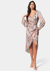 Printed Satin Wrap High Low Dress