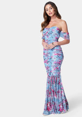 Off Shoulder Ruched Mesh Gown