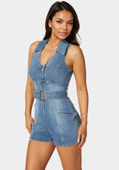Light Weight Front Zipper Denim Romper